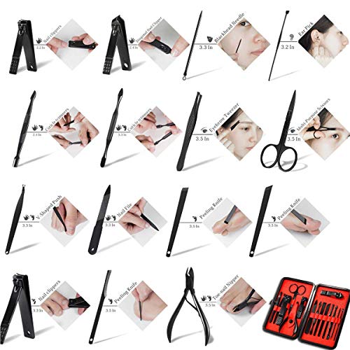Professional Stainless Steel Nail Clipper Travel & Grooming Kit Nail Tools Manicure & Pedicure Set of 15pcs with Luxurious Case (Black/Red) - color: Black/Red