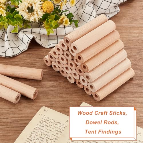 OLYCRAFT 30Pcs 4x0.9 Inch Hollow Wood Sticks Round Wooden Dowel Rod with 0.4 Inch Hole Unfinished Beech Wood Rods Natural Wood Round Rods for DIY Crafts Arts Projects - size: 10.2cm
