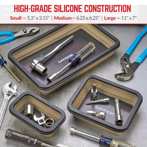 Collapsible Magnetic Parts Tray Set - 3 Different Size Tool Trays - Khaki - color: Khaki