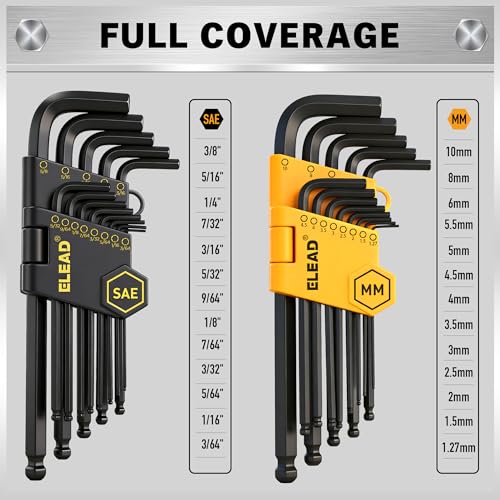 ELEAD Hex Key Allen Wrench Set: 27-Piece Premium MM(1.27mm-10mm) & SAE(3/64"-3/8) Allen Key Set with Grip Handle, Long and Short Arm with Ball End, Organized Storage - style: Ball End Allen Key Set