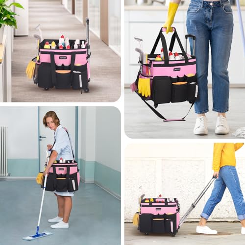 JKAOO Large Rolling Cleaning Caddy Bag with Detachable Trolley, Pink - color: Pink