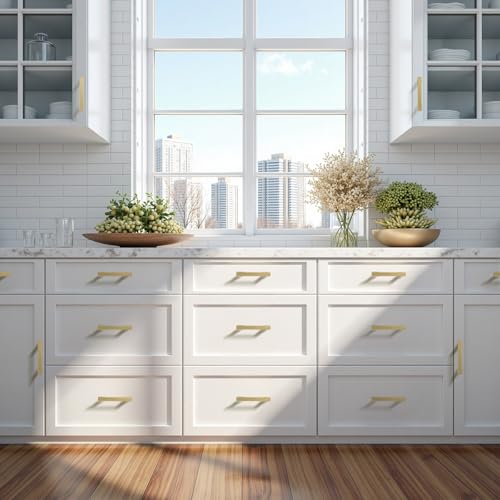 KNOBWELL 6 Pack Brushed Gold Solid Cabinet Pulls 3-3/4 Inch(96mm) Hole Center Kitchen Cabinet Handles,Cabinet Hardware for Cupboard Drawer Pulls - color: Brushed Gold, size: Hole Center：3-3/4 inch（96mm）