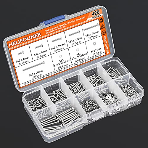 HELIFOUNER 420 Pieces M2 x 6mm /8mm /10mm /12mm /16mm /20mm, Phillips Pan Head Machine Screws, Metric Screws Bolts Washers Nuts Kit, 304 Stainless Steel - size: M2