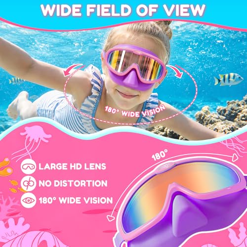 Seago Kids Swim Goggles with Nose Cover 2 Pack for 3-14 Anti-Fog Clear View - color: Blue & Purple