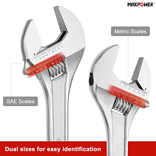 MAXPOWER 18" Adjustable Wrench, 2-1/8" Jaw Opening, Tapered Handle | Adjustable Spanner with SAE/Metric Scales, Polished Finish, and Comfort Grip – Perfect for Plumbing, Nuts, and Pipes - size: 18"