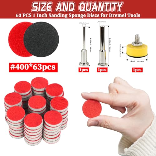 63 PCS 1 Inch Sanding Dremel Discs Hook and Loop Sandpaper 400 Grit | Wet Dry Sanding Pads with 1/8" 1/4" Shank Small Sanding Discs for Curved Surfaces Resin Wood Metal - style: 400 Grit