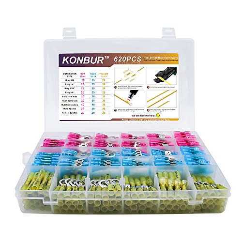 620Pcs Heat Shrink Wire Connectors - Insulated Electrical Terminals Kit - Waterproof Marine Automotive Crimp Connector Assortment - Ring Fork Hook Spade Butt Splices - size: 620PCS