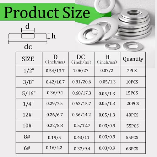 270 PCS 304 Stainless Steel Flat Washers Assortment Kit 8 Size-1/2 3/8 5/16 1/4 12# 10# 8# 6# 304 Stainless Steel Flat Washers for Screws Bolts - size: SAE-270PCS, style: Flat Washers