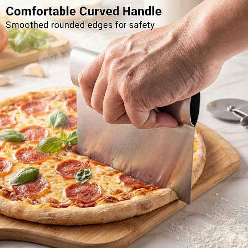Bench Scraper Kitchen & Dough Scraper Tool - Stainless Steel Multi-Purpose Scraper & Chopper with Laser-Etched Metric Scale - Heavy Duty Pastry Cutter & Griddle Tool for Bread, Pizza & Baking