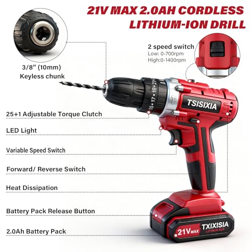 Power Drill Driver 21V, 45Nm Cordless Drill Set with 2 Batteries and Charger, 39pcs Screw Accessories, 354 in-lbs Electric Screwdriver, Electric Drill for Women, Men, Home performance, DIY (Red)
