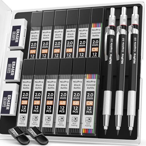 Nicpro 2mm Metal Mechanical Pencil Set with Case, 3PCS - size: 3 Pack