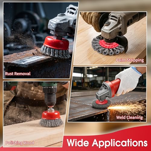 6PCS Twist Knot Wire Brush, Wire Wheel Cup Brush Set for 4-1/2" Angle Grinder, Angle Grinder Brushes with 5/8" Threaded Arbor for Heavy Cleaning Rust, Stripping, Abrasive - 3" Cup & 4" Wheel - color: Wheel Brush & Cup Brush