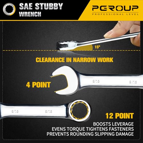 9/16" SAE Stubby Combination Wrench, CR-V Steel with Mirror Polish, 12-Point Design, 15-Degree Offset, Perfect for Auto Repair, Household, Car & Truck Emergency - size: 9/16"