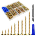 Wensilon (385PCS) Flat Head Yellow zinc Wood Screws, Quick Metal self Tapping Flat Head, Equipped with Dry Wall Plastic Anchor kit. - color: Yellow, size: Multi-Size Kit