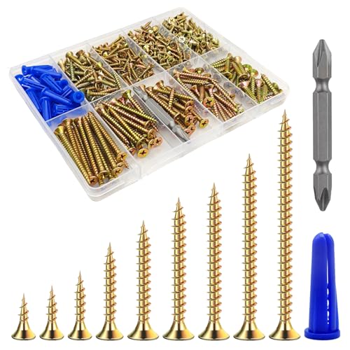 Wensilon (385PCS) Flat Head Yellow zinc Wood Screws, Quick Metal self Tapping Flat Head, Equipped with Dry Wall Plastic Anchor kit. - color: Yellow, size: Multi-Size Kit