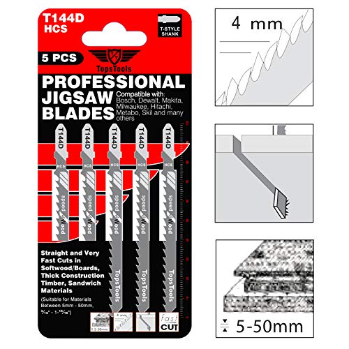 TopsTools 25pcs JSTT144D_5 100mm T144D Jigsaw Blades for Wood Long Life