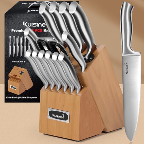 Kuisine Premium Sharp Knife Set,High Carbon Stainless Steel Sharper Blade Ergonomic Non-slip Handle,Kitchen Block Knife Set Chef Knife Block Set with Built-in Sharpener(Acacia, 15PCS) - color: ET Acacia Wood