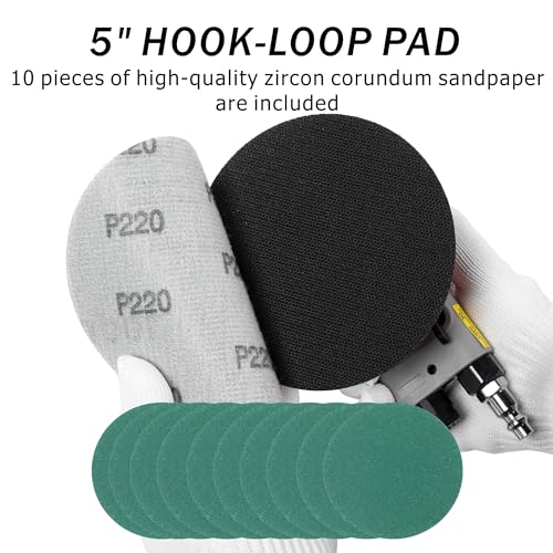 Pneumatic random orbital sander 5-inch light weight palm sander 3/16" (5 mm) diameter orbit 12000 RPM with extra 10pcs sandpaper - style: 5in Non-Vacuum