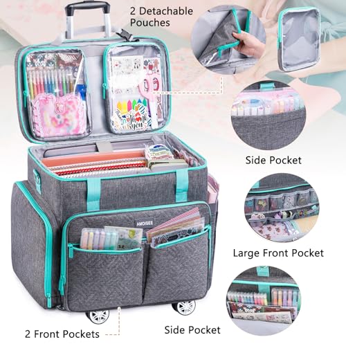 AMOIGEE Rolling Craft Bag with Wheels for Sewing Machine & Craft Supplies - color: Grey - Teal, size: With Wheels