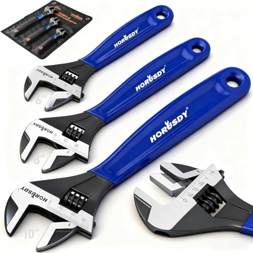 HORUSDY 3-Piece Adjustable Wrench Set (6/8/10 in), Wide Jaw Black Oxide Finish, Cr-V Steel, Metric & SAE Scales, Adjustable Spanner Set for Home Garage Workshop - style: 3PC Wide Jaw Set (6" 8" 10")