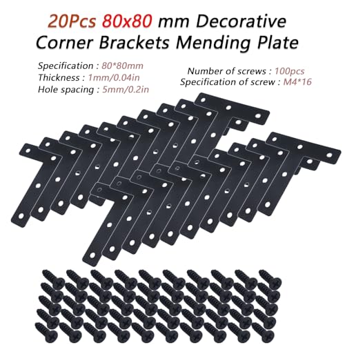 20-Pack Steel T-Shape Mending Plate Corner Brace 3.15 Inch for Wood - size: T Black 80x80 mm