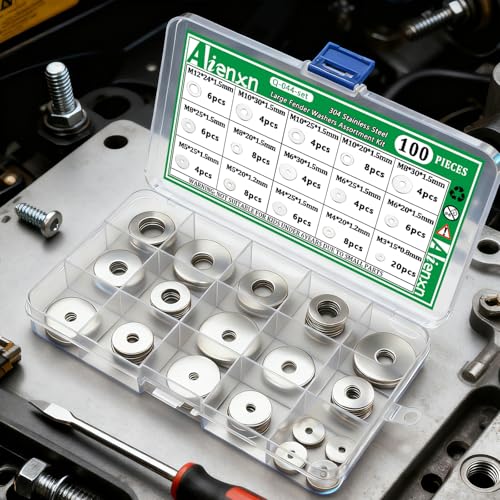 100PCS 304 Stainless Steel Fender Washers Kit, Washers for Bolts - size: SV M3-M12 (100PCS), style: Fender Washer