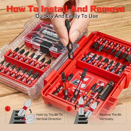 Geinxurn 65Pieces Impact Screwdriver Bits Set, Magnetic S2 Steel Phillips/Slotted/Square/Torx Insert Power Bits Tips, Impact Bit Holder with Red Storage Box Case - style: STKB065-RD