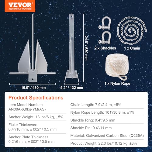 VEVOR Fluke Style Anchor Kit,Hot-Dipped Galvanized Steel Fluke Anchor with 7.9' Chain - size: 13 lbs