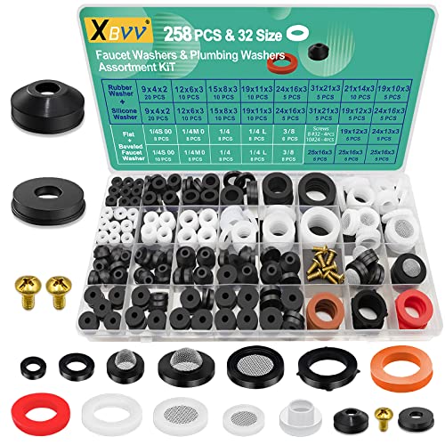 XBVV 32 Size 258 PC Faucet and Plumbing Rubber Washers Assortment Kit for Assorted Garden Hose Valve Spigot Adapter Splitter Outdoor Faucet Bibb Shower Hose Gasket Repair - size: 258 PCS