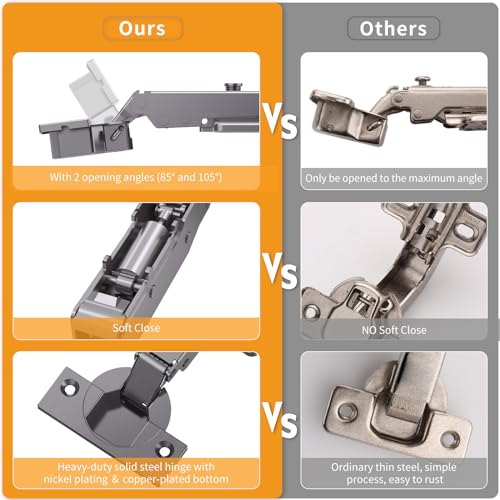 Chibery 10 Pack Frameless Full Overlay Soft Close Concealed Hinges, Black Titanium Plated, Self Closing, 105° Open Angle 3D Adjustment, Stop 85 ＆ 105 Degrees, Clip On, Stainless Steel for Cabinet Door - size: Full Overlay