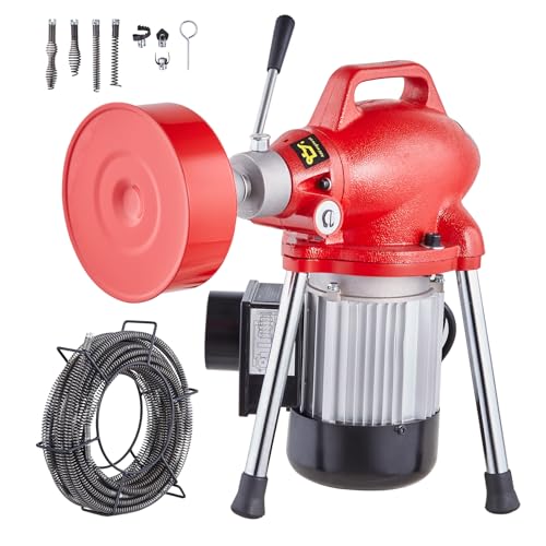 VEVOR Drain Cleaner Machine 66FT x 5/8 Inch, 250W Electric Sewer Snake Auger with 2 Sectional Steel Cables (66' x 5/8" and 15' x 3/8"), 7 Cutters and CW/CCW Control for 1.6" to 4" Pipes - style: 66Ft x 5/8Inch & 7 Cutters