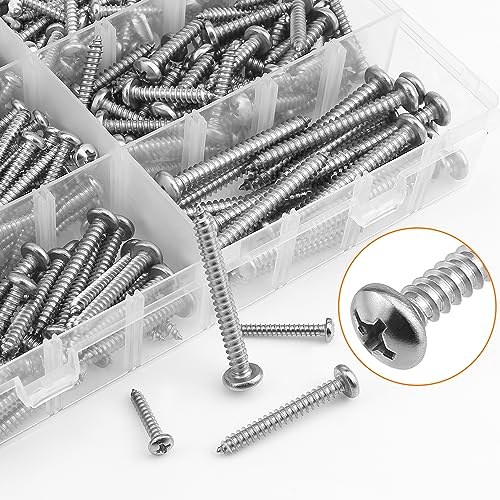 315 Pieces #6#8#10#12 Wood Screws Set, HELIFOUNER 8 Sizes Phillips Pan Head Self-Tapping Screws Assortment Kit, Phillips Pan Head Wood Screws, 304 Stainless Steel - size: #6#8#10#12