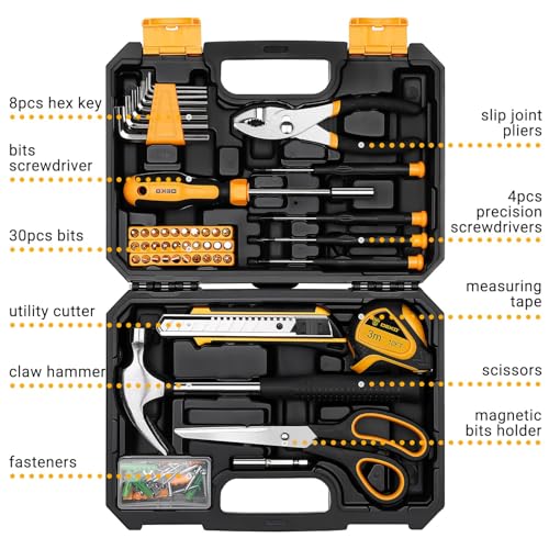 DEKOPRO General Household Hand Tool Kit with Plastic Toolbox Storage Case, All Purpose Home Tool Kit Includes Essential Tools for Office College Repairs, 50 Piece - color: Yellow