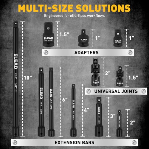 11-Piece Socket Extension Bar Set, 1/4", 3/8" & 1/2" Drive Ratchet Extensions 2", 3", 4", 6" & 10" with Swivel Universal Joints, Socket Adapters, CR-V Steel for Tight Spaces - style: 11-Piece 1/4" & 3/8" & 1/2"