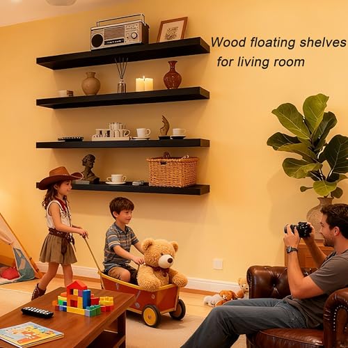 ROGMARS Black Floating Shelves for Wall 36 inch Rustic Solid Wood - color: Black, size: 36 Inch set of 4