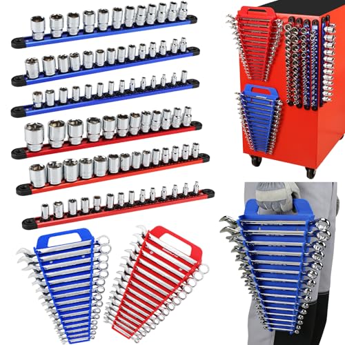 8-Piece Magnetic Socket and Wrench Organizer Set, Metric & SAE, 1/4", 3/8", 1/2" Drive Socket Rail, 24-Slots Wrench Holder with Non-Slip Handle for Toolbox Drawer Storage (Socket Wrench not Included) - style: 8-Piece High-Capacity Combo
