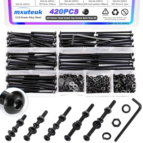 mxuteuk 420PCS M3 Screws,M3x30/35/40/45/50mm Button Head Socket Cap Screws Bolts Nuts Kit,10.9 Grade Alloy Steel M3 Bolts with Hex Wrench - size: 420PCS/M3 x 30/35/40/45/50mm