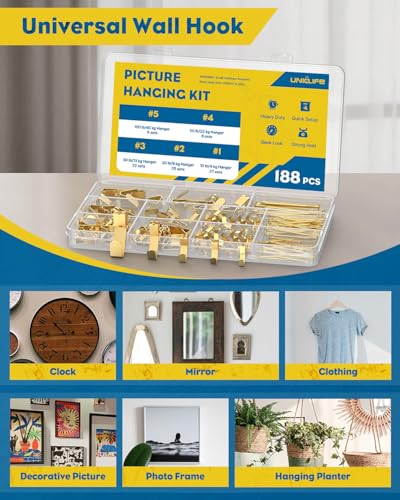 Uniclife 188 Pcs Heavy Duty Picture Hanging Kit, Picture Hanging Hooks,Gold - size: 188 Pcs, style: Gold
