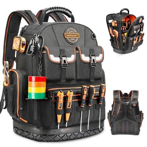 LOKASS Tool Backpack Heavy Duty, 18.5 in, 56 Pockets, Molded Bottom, Black - color: Black