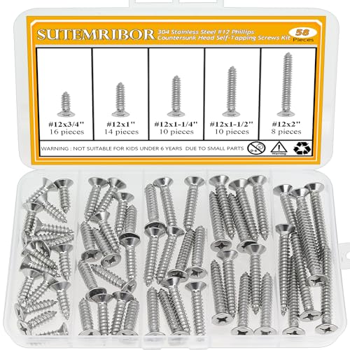 58 Pieces #12 x 3/4" 1" 1-1/4" 1-1/2" 2" Wood Screws Set, Phillips Countersunk Head #12 Self-Tapping Screws Assortment Kit, 304 Stainless Steel - size: #12, style: Phillips Countersunk Head