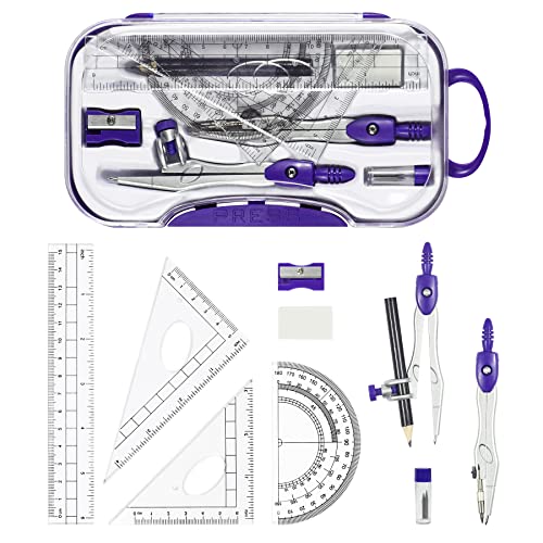 Unjoo Geometry Set 10 Pcs Student Supplies, Protractor and Compass,Purple - color: Purple