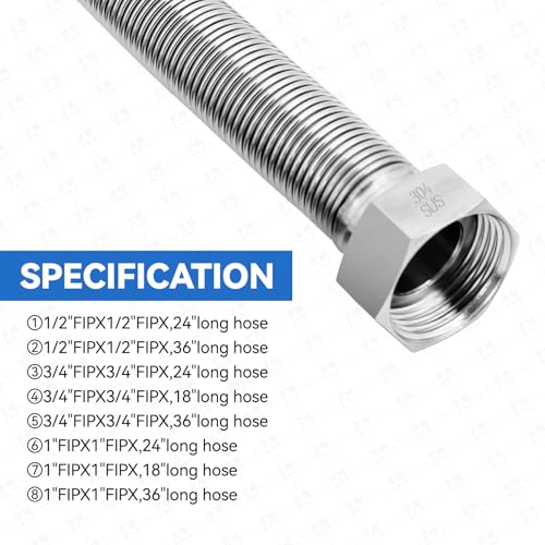 60 Inch Flexible Stainless Steel Corrugated Water Heater Connector Hose,3/4" FIP x 3/4" FIP,304 Stainless Steel Leak-Proof Flexible Line for Tankless Water Heater,Water Softener,RV,Boiler(2PCS)