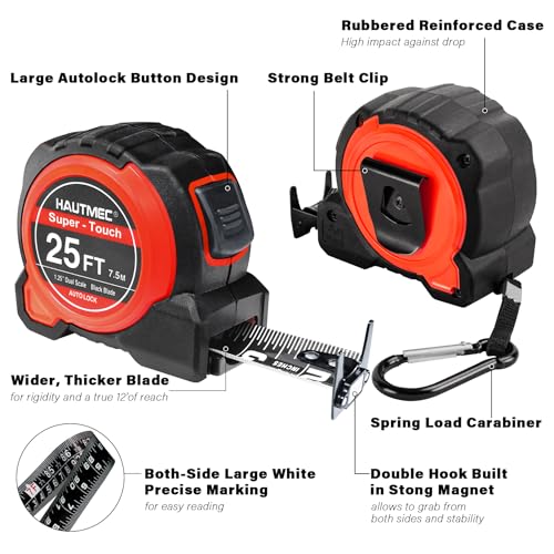 HAUTMEC 1.25“ Wide Blade Heavy Duty Tape Measure 25 ft for Construction Contractor Carpenter, Retractable Easy Read Tape Measure Nylon Coated Blade,Auto Lock, Dual Magnetic Hook,HT0283