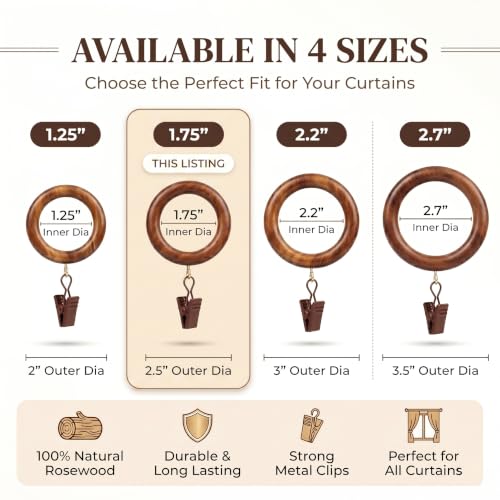 50 Pack of Wooden Curtain Rings with Clips, (1.75 inch Inner Diameter), Wood Drapery Rod Rings (Compatible Up to 1 Inch Thickness Rod), Handmade Rosewood Curtains Hook Rings with Clips Drapes Rods. - size: 1.75 INCH Inner Dia