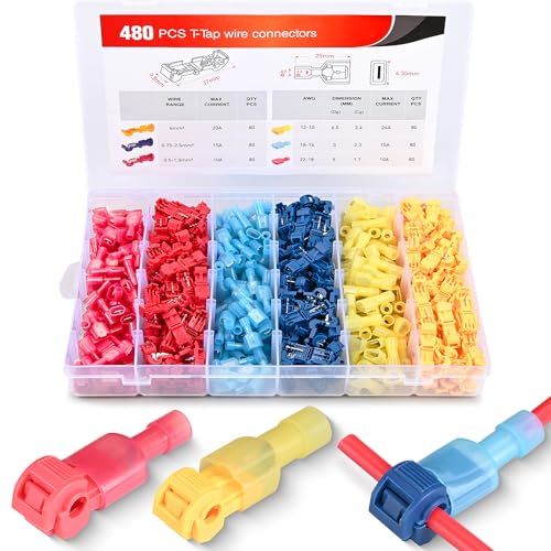 Nilight 480PCS/80 Pairs T-Tap Wire Connectors Self-Stripping Quick Splice Electrical Wire Terminals Insulated Male Quick Disconnect Spade Terminals Assortment Kit with Storage Case, 2 Years Warranty - size: 480Pcs 22-10AWG
