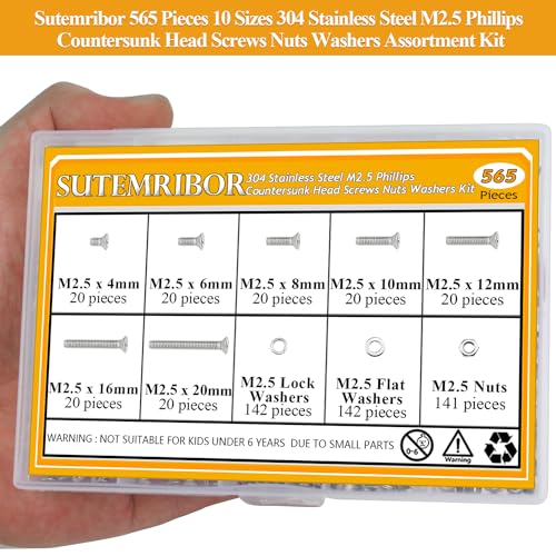 565 Pieces M2.5 Machine Screws Nuts Washers Set, Sutemribor M2.5 x 4/6/8/10/12/16/20mm Phillips Countersunk Head Machine Screws Nuts Washers Assortment Kit, 304 Stainless Steel, Fully Threaded - size: M2.5, style: Phillips Countersunk Head