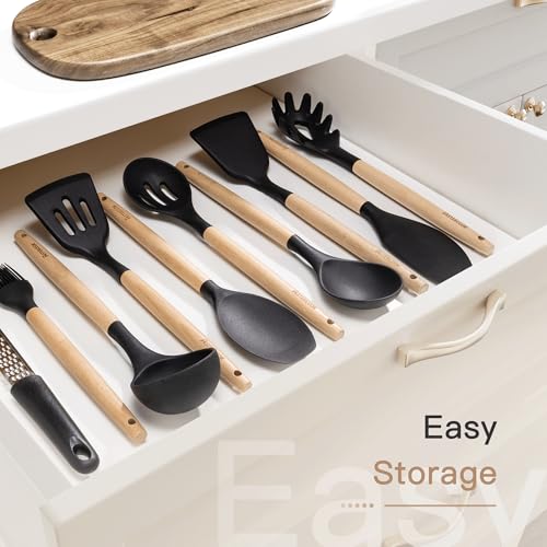Astercook 39 PCS Kitchen Utensils Set, Silicone Cooking Utensil Sets with Wooden Handle, 446°F Heat Resistant Food Grade Spatula Set, BPA Free Kitchen Gadgets Tools Set & Spoons for Nonstick Cookware - color: Black