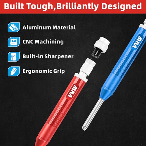 VNW New Aluminum Carpenter Pencils with Finger Grip - Incl.24 Leads - Solid Mechanical Pencils with Fine Point/Marking tools Construction/Carpenters/Scriber,Set of 2