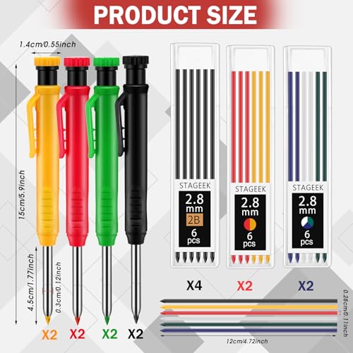 MotiMind 8 Pcs Mechanical Carpenter Pencils, 2.8mm, Black,Red,Yellow,Green - color: Black,Yellow,Red,Green