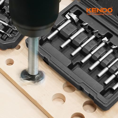 KENDO Forstner Bit Set, 8-Piece Alloy Steel for Woodworking | Round Shank Forstner Drill Bits for Hardwood, Softwood, Plastic, Plywood with Case, 1/4" to 1-3/8" - style: 8 Piece